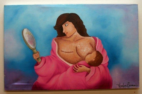 cáncer de mama, pintura, madre, mujer, bebé, amamantar, obra, arte