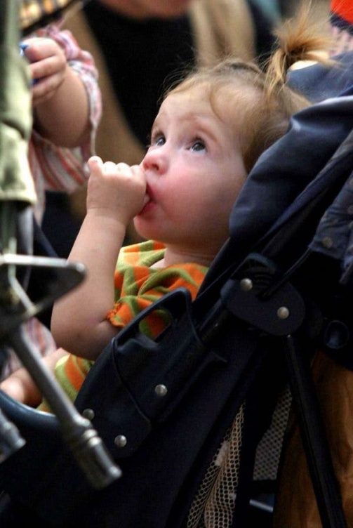 Una niña sentada en un carrito se chupa el dedo pulgar. Efesalud.com