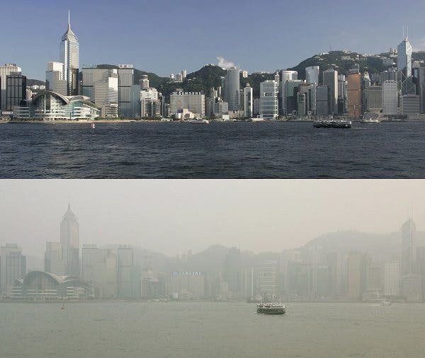 contaminación-enfermedades respiratorias-enfermedades cardiovasculares-fallecimiento-OMS Dos fotos del "skyline" de la ciudad de Hong Kong con diferentes niveles de polución. Efesalud.com
