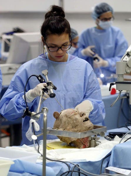 Estudiante de Medicina de la Universidad Miguel Hernández (UMH) en un curso sobre la técnica de la endoscopia en cirugía intracraneal. EFE/MORELL