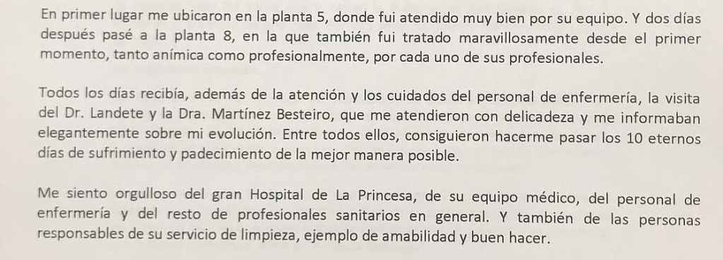 Carta de un paciente de coronavirus