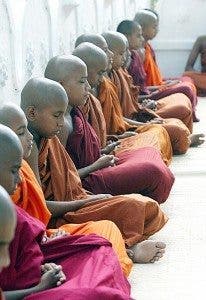 dolor-ermitaño-Tailandia Grupo de budistas sentados en fila meditando. Efesalud.com