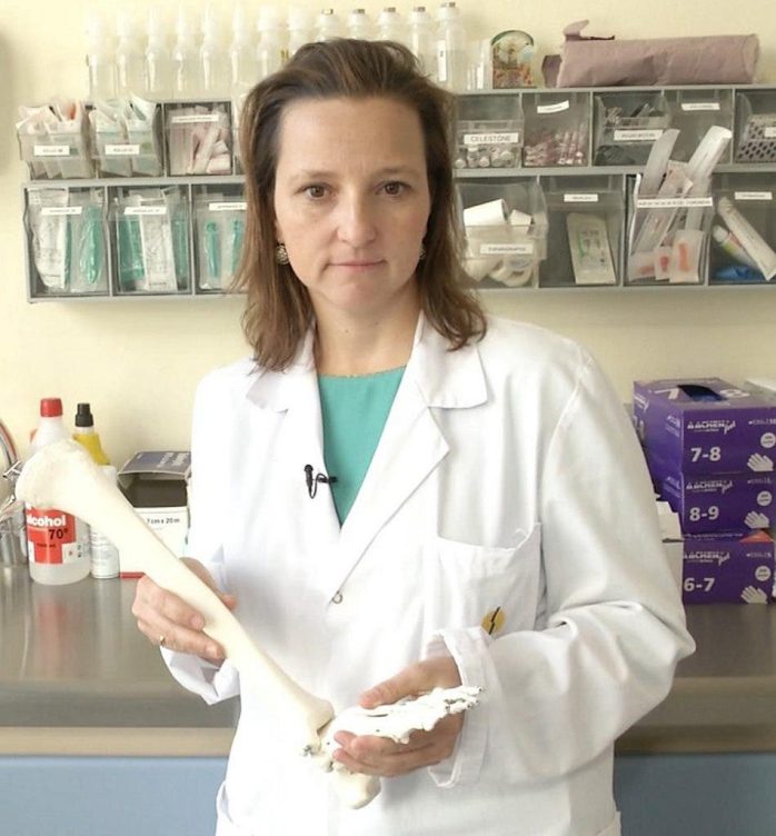 La doctora Isabel Guillén nos muestra la articulación del tobillo con los huesos del pie más la tibia y el peroné.