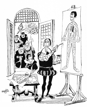 Caricatura del médico Miguel Servet realizada por Mingote en la que se ve a Servet pintando en un lienzo el cuerpo humano mientras es observado por un grupo de hombres desde la ventana