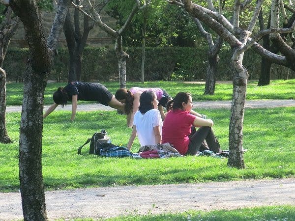 Imagen de dos mujeres con ropa deportiva en un parque, al fondo otras dos hacen flexiones. Efesalud.com