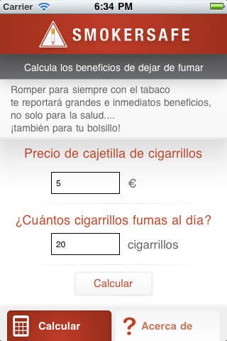 Imagen de una de las pantallas de la aplicación móvil SmokerSafe para dejar de fumar. Efesalud.com